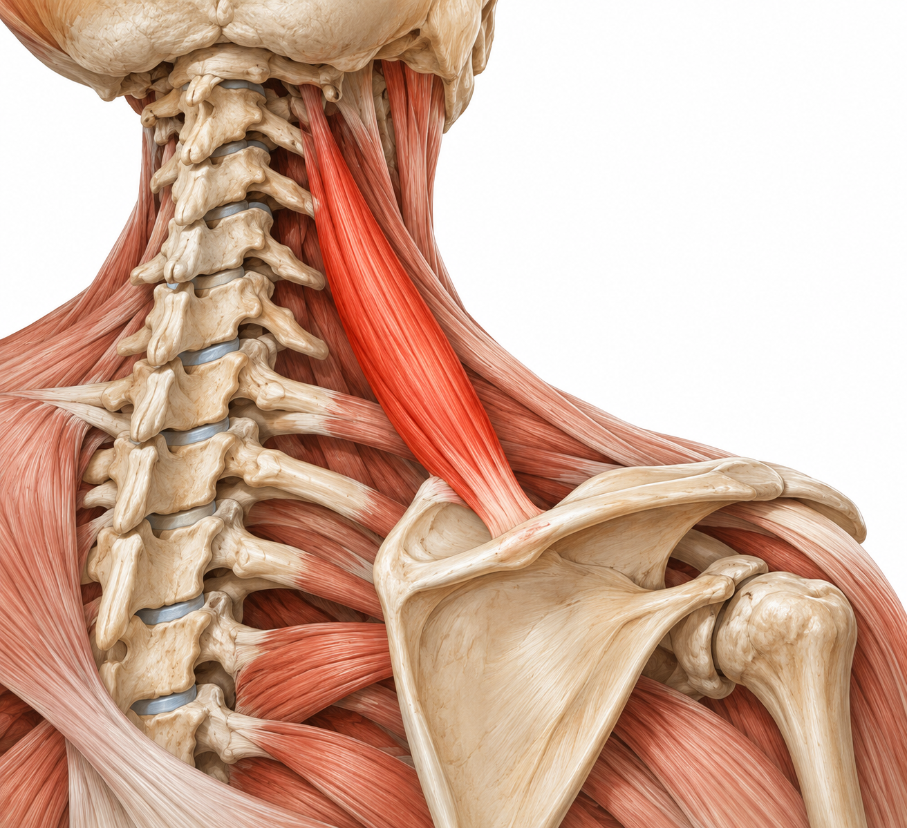 Anatomische Darstellung des Musculus levator scapulae und seiner Lage zwischen Halswirbelsäule und Schulterblatt