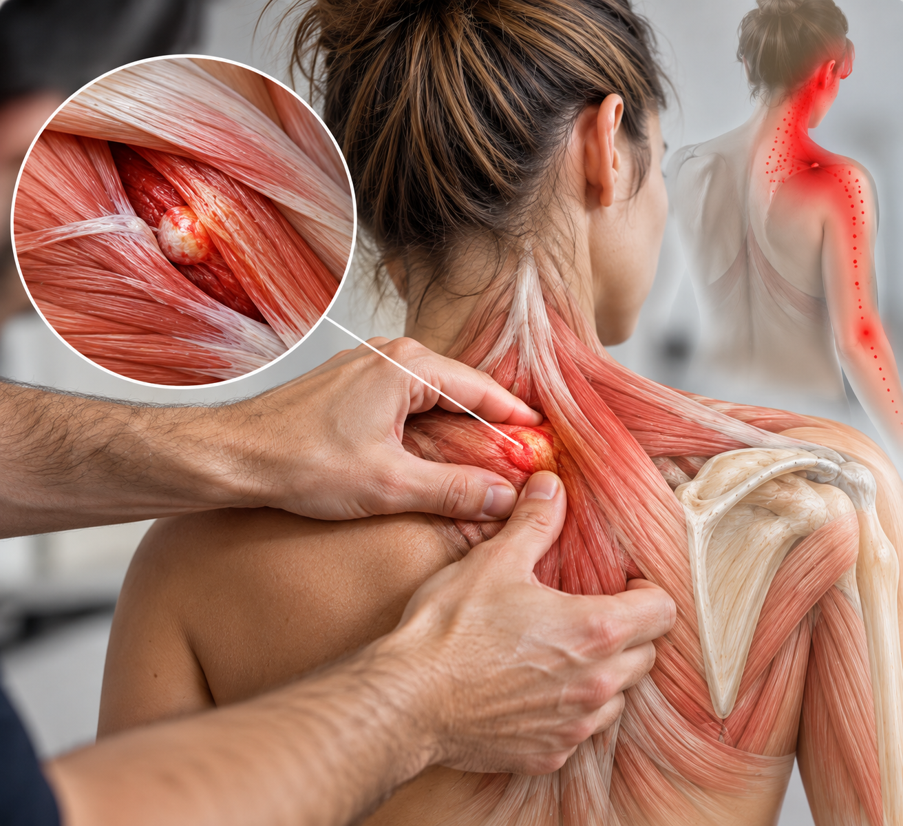 Palpation eines druckempfindlichen Bereichs der Nacken- und Schultermuskulatur